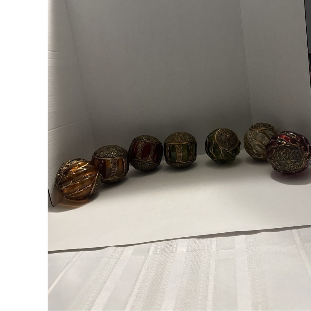 7 Vintage Glass Decorative Spheres Ornate Gold Filigree Metal Overlay Jewel Tone